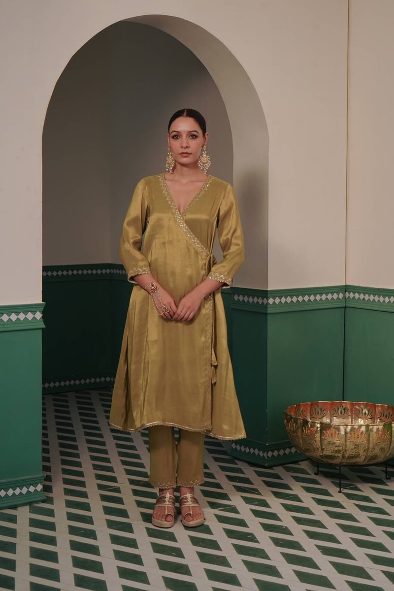 Meadow Green Tissue Angrakha Kurta Set with Narrow Pants