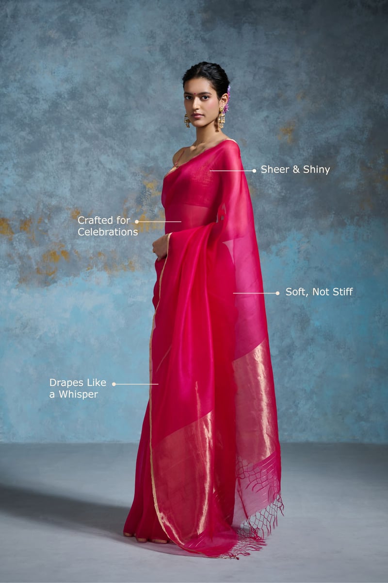 Hot Pink Organza Saree with Zari Border