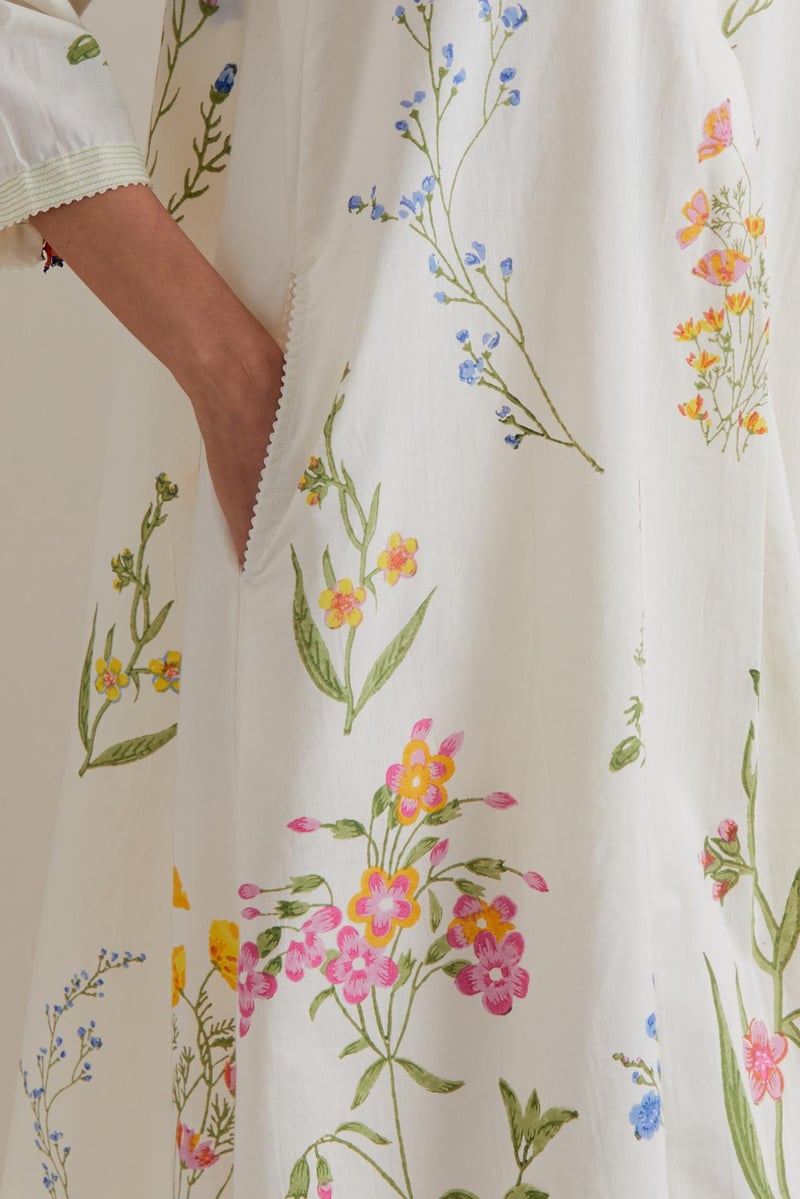 Off-White Floral Block Print A-Line Kurta Set with Dupatta