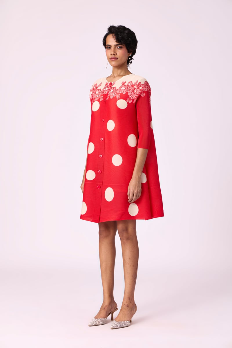 Red Polka Dot Button-Front Knee-Length A-Line Dress