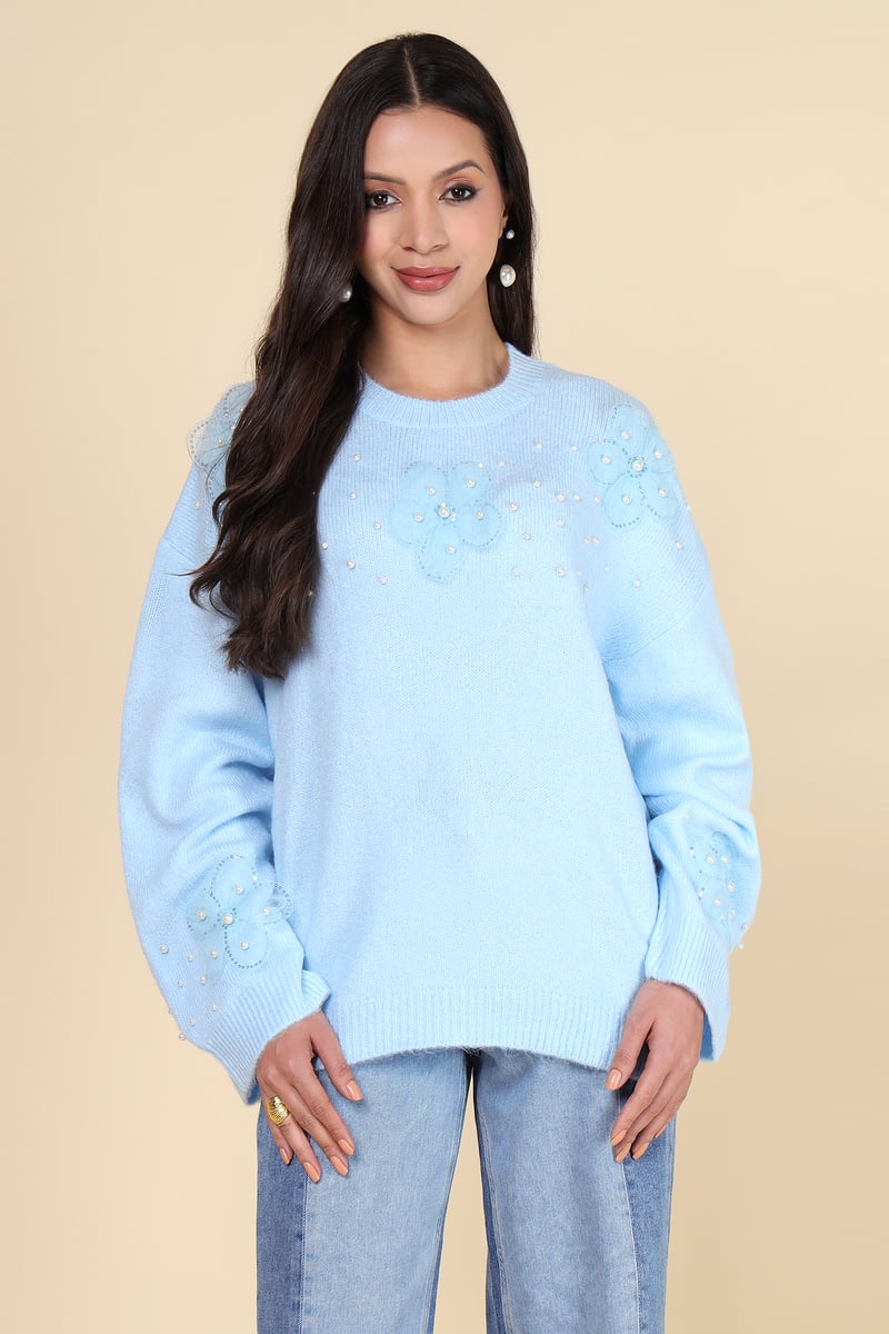 Light Blue Applique and Pearl-Detail Pullover Sweater