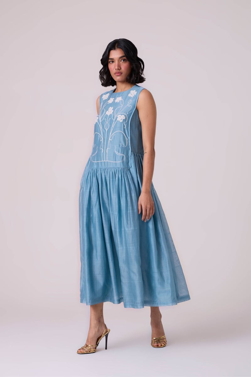 Blue Handwoven Chanderi Embroidered Maxi Dress