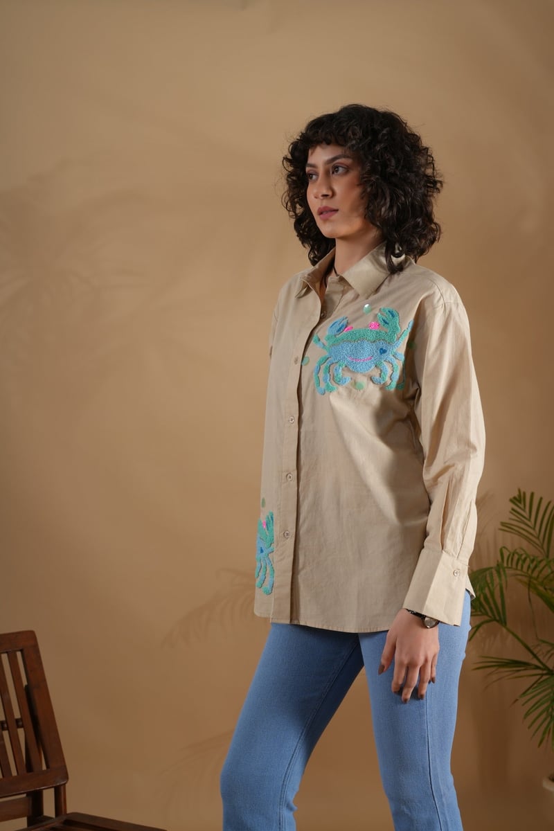 Beige Cotton Crab Embroidered Button-Down Shirt