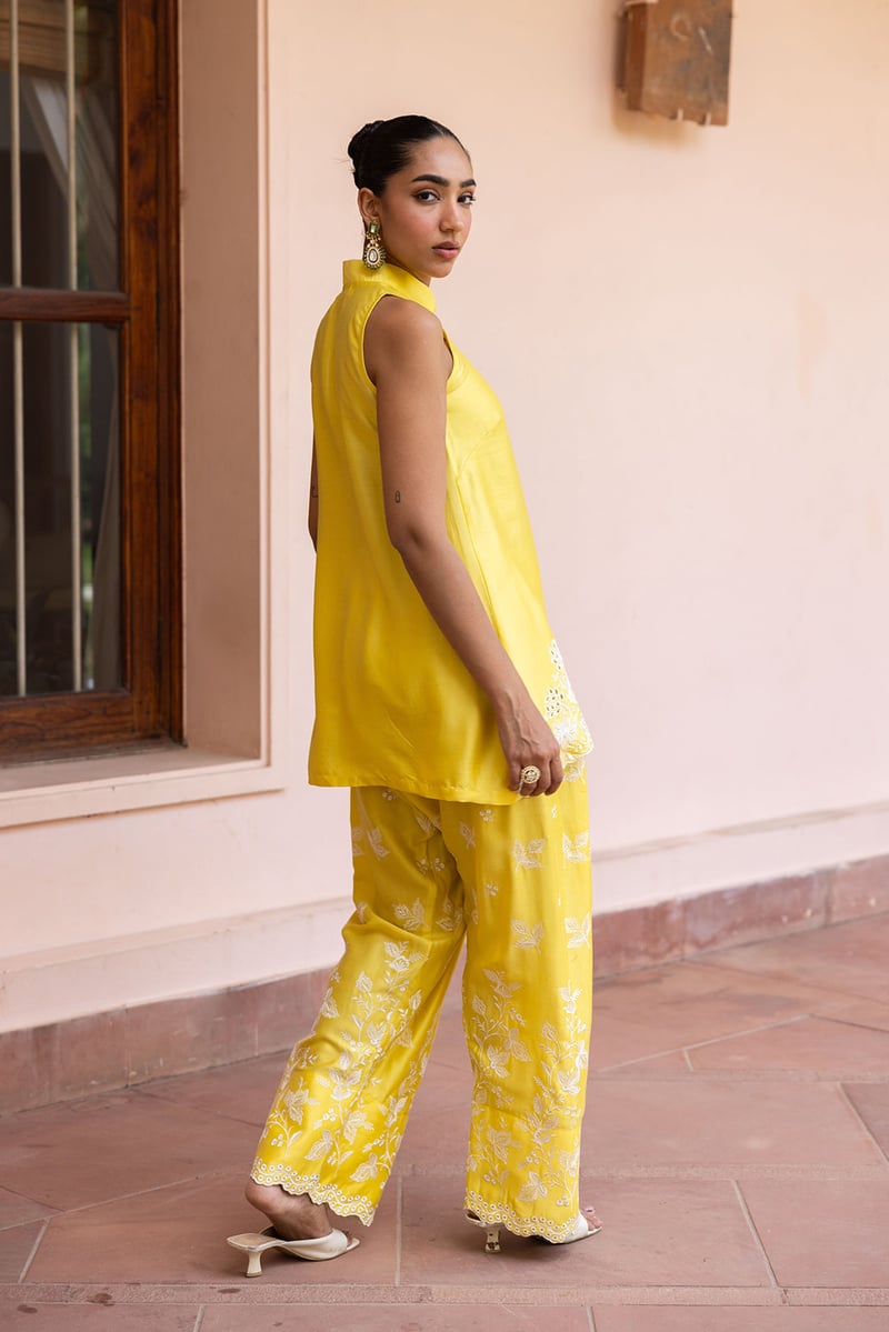 Yellow Cutwork Embroidered Tunic and Farshi Pants Co-ord Set