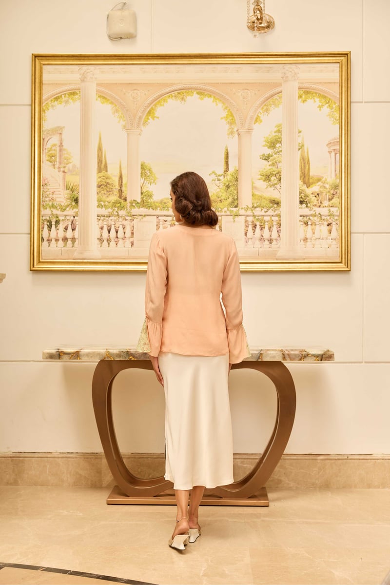 Serenade Peach Hand Embroidered French Lace Crepe Silk Top