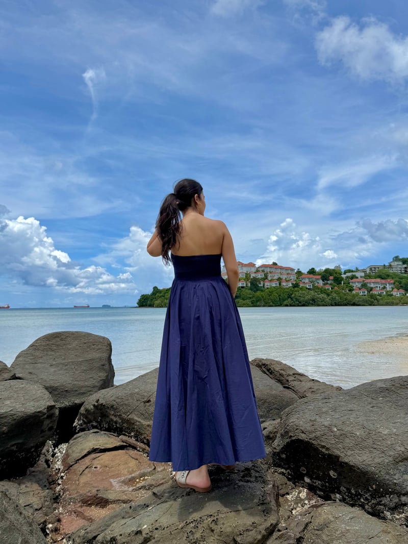 Navy Off-Shoulder Cotton Midi Dress with Floral Applique