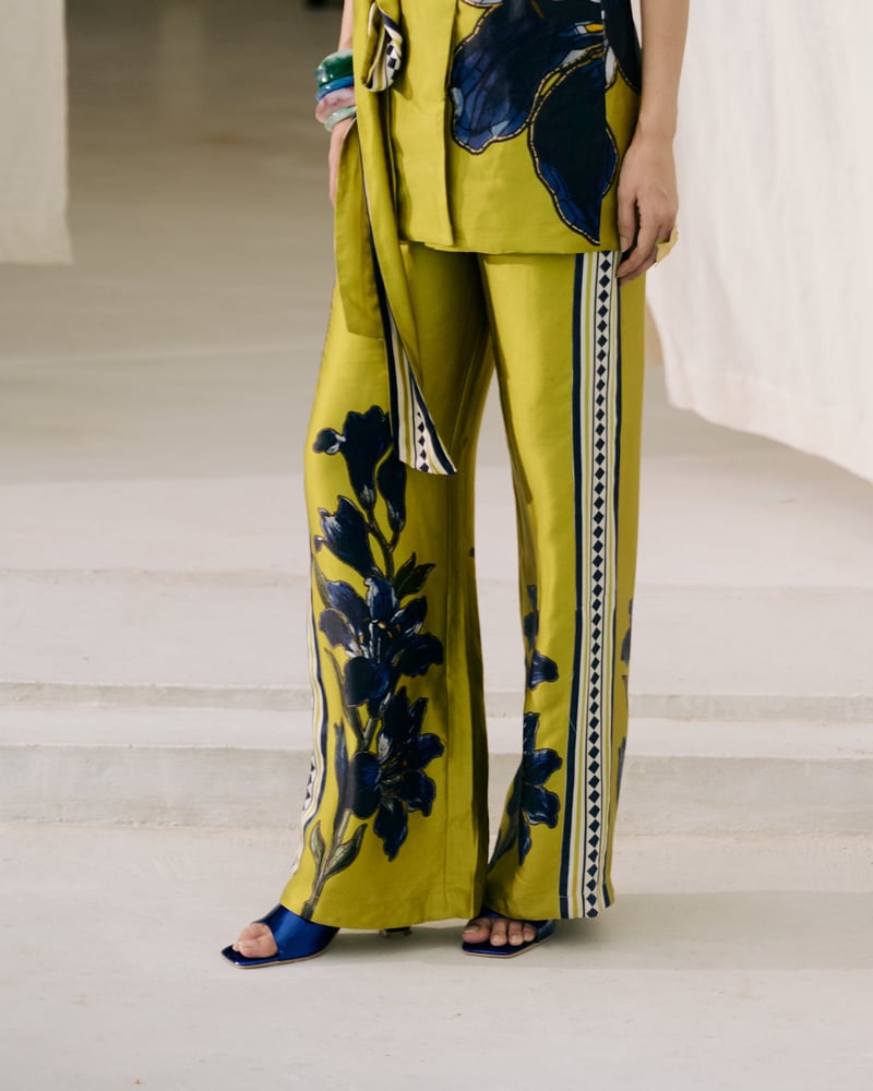 Green Wide-Leg High-Waist Floral Printed Trousers