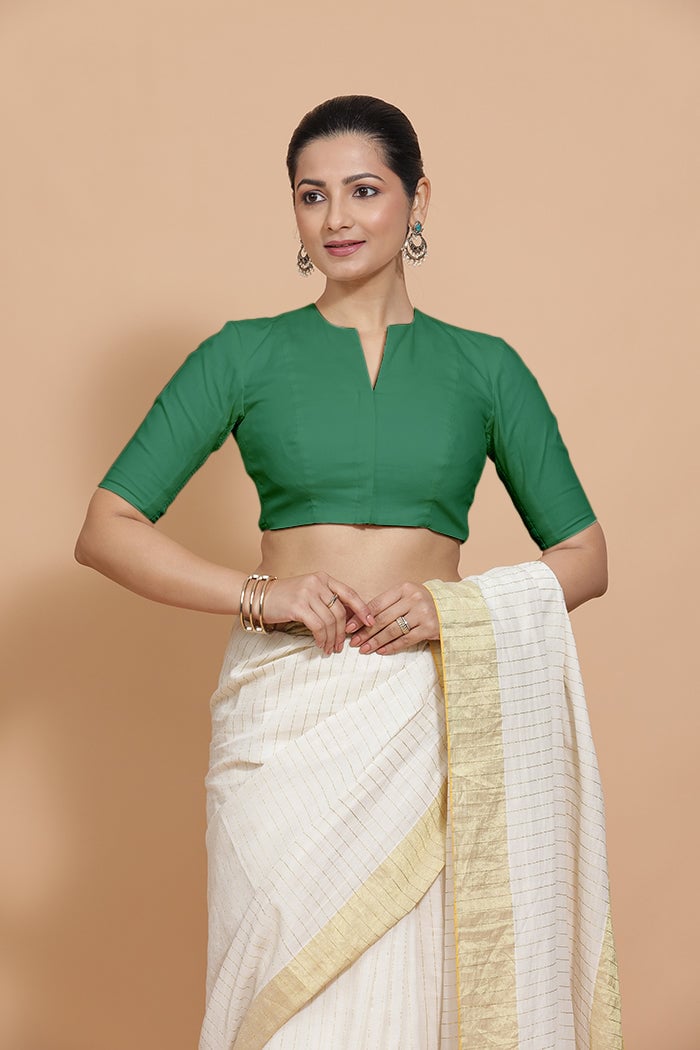 Castleton Green Cotton Saree Blouse with Elbow Sleeves