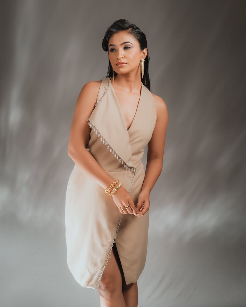 Beige Beaded Wrap Knee-Length Dress