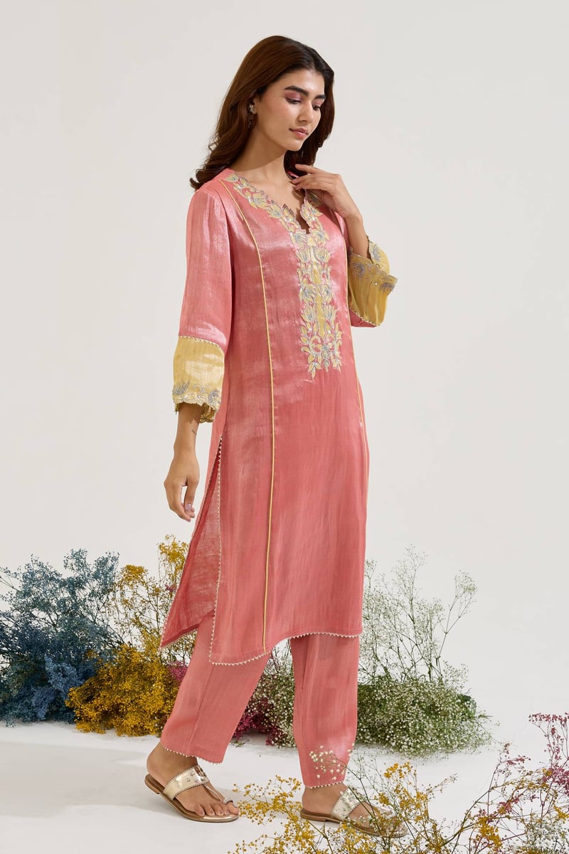 Red Tissue Straight Kurta Set with Applique Neck and Pants