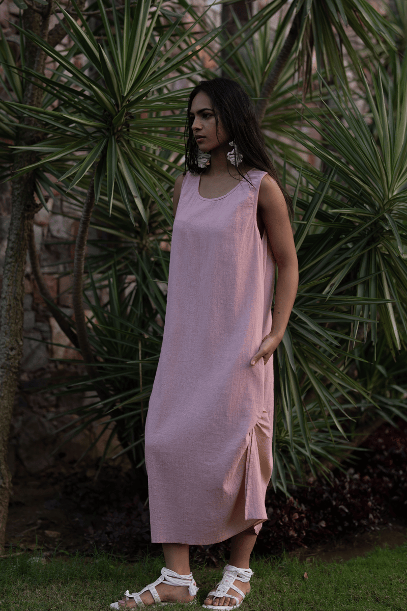 Salmon Pink Cotton Gauze Sleeveless Maxi Dress