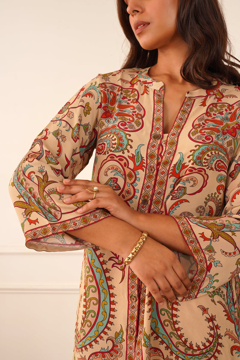 Beige Printed Crepe Co-ord Set with Straight Pants