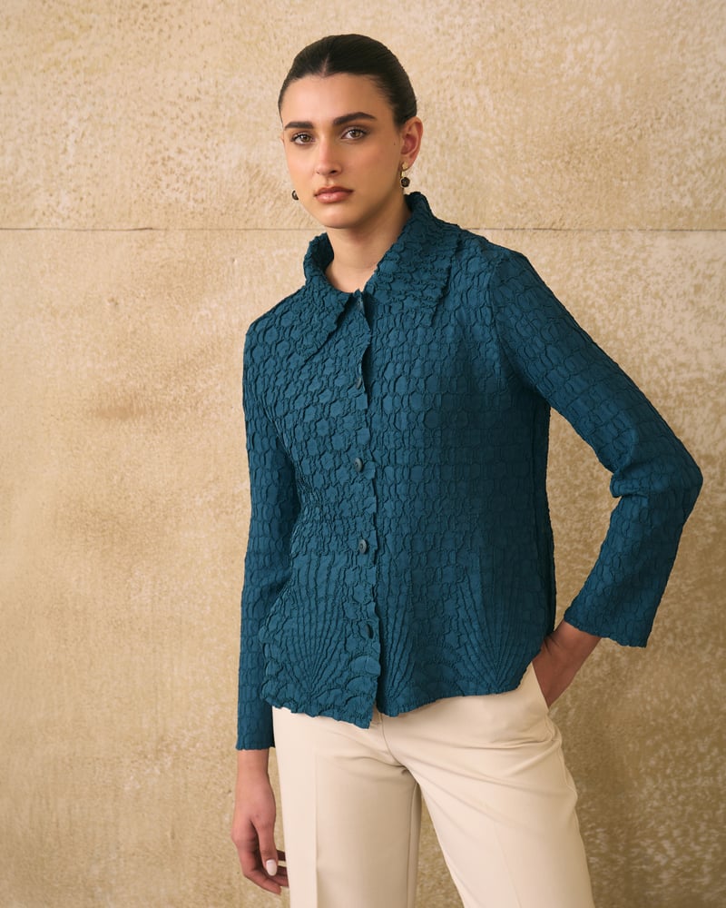 Blue Textured Button-Down Shirt with Collar