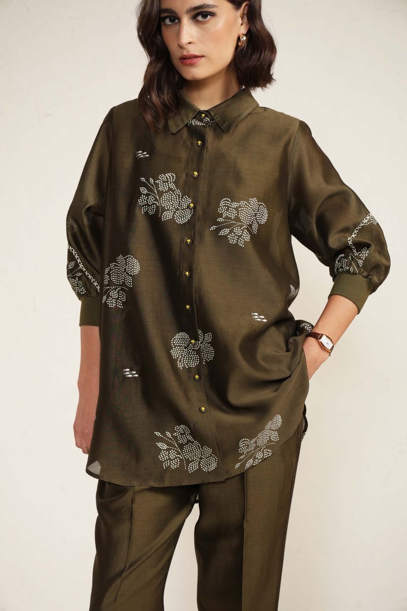 Olive Silk Chanderi Embroidered Shirt and Pant Co-ord Set
