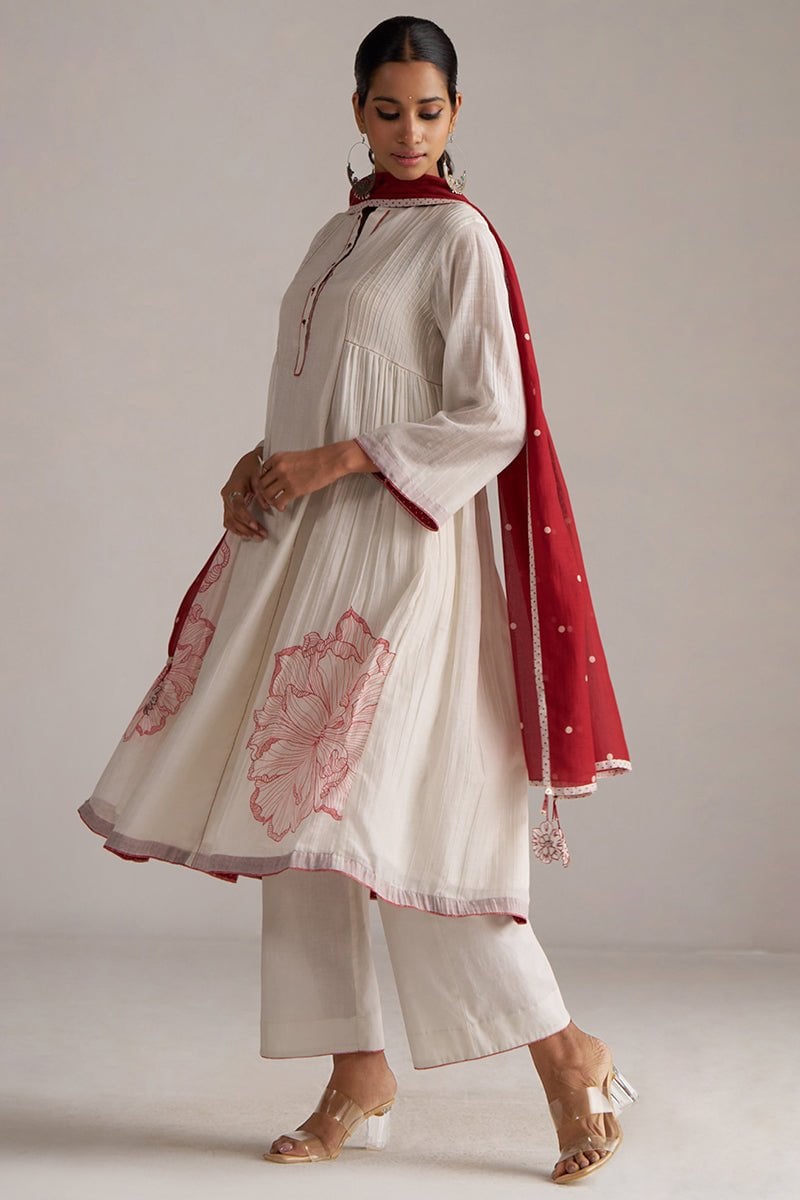 Ivory and Maroon Chanderi Floral Print A-Line Kurta Set