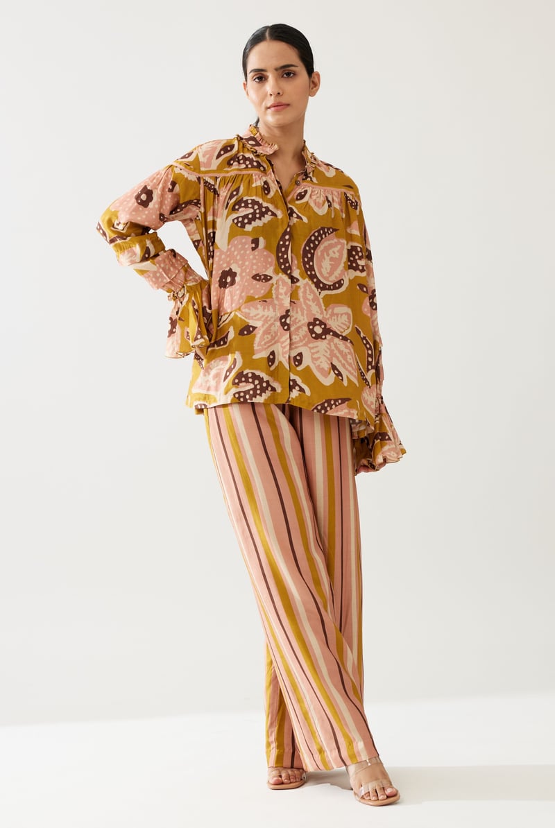 Mustard And Pink Floral Frill Collar Shirt