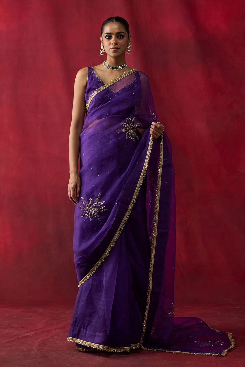 Purple Silk Organza Embroidered Saree Set with Blouse
