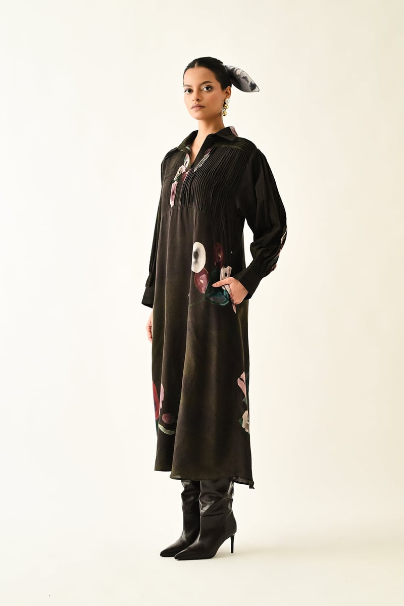Brown Abstract Floral A-Line Midi Shirt Dress