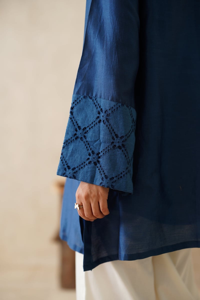 Blue Chanderi Embroidered Tunic and Cream Palazzo Co-ord Set