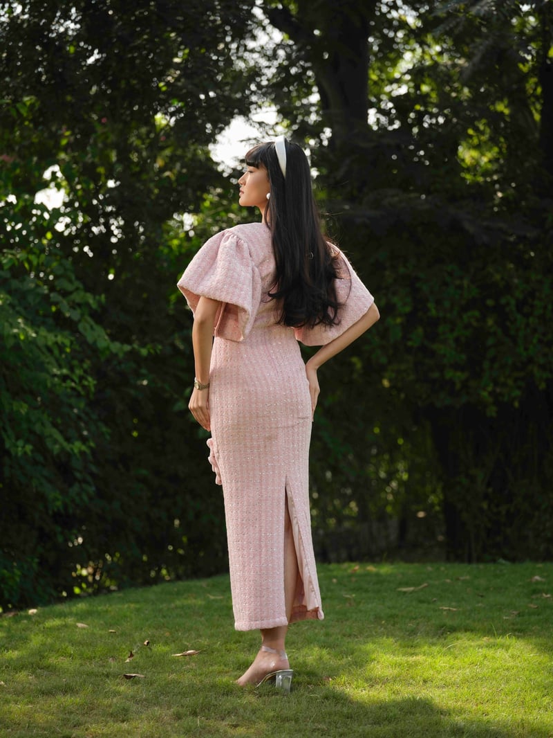 Pink Tweed Maxi Pencil Dress with 3D Floral Details