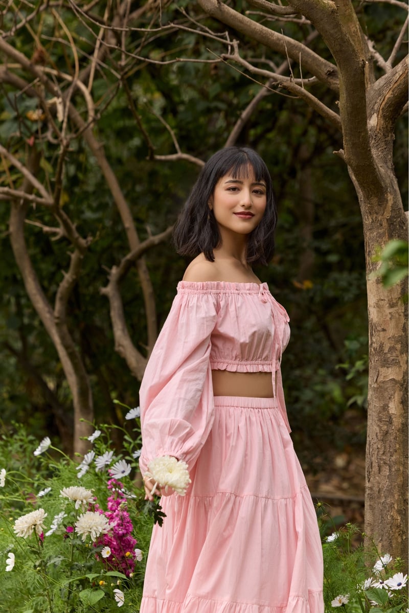 Pink Off-Shoulder Crop Top and Tiered Maxi Skirt Co-ord Set
