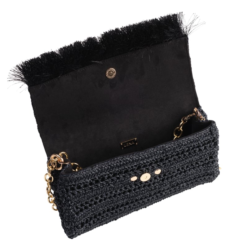 Jena Black Slim Raffia Clutch With Gold Emblem