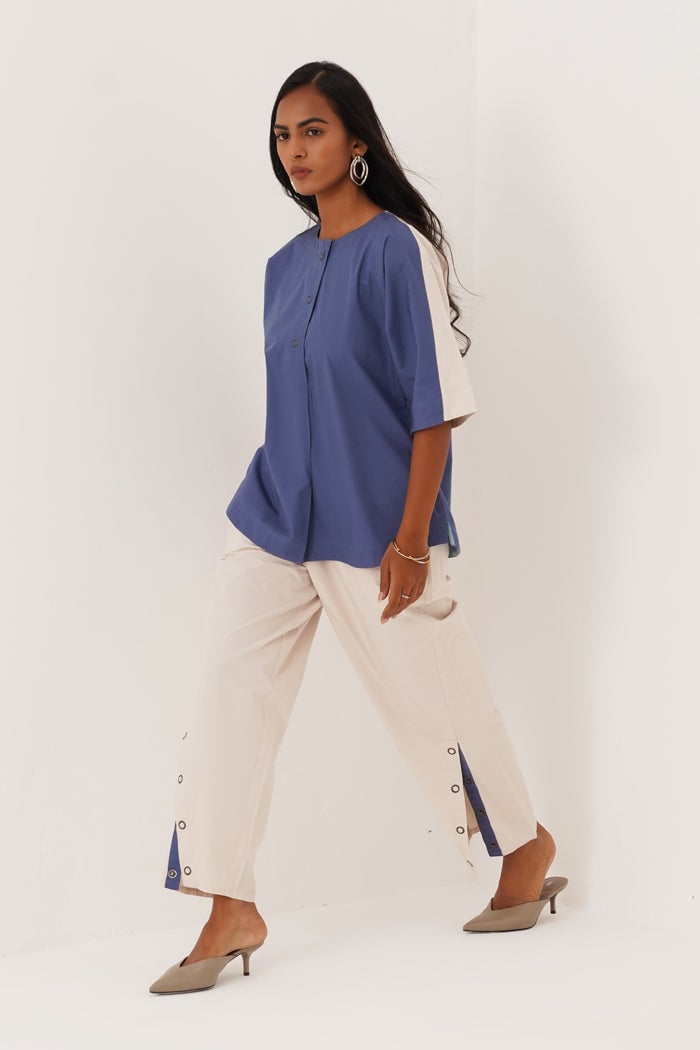 Blue and White Colorblocked Shirt and Pants Co-ord Set