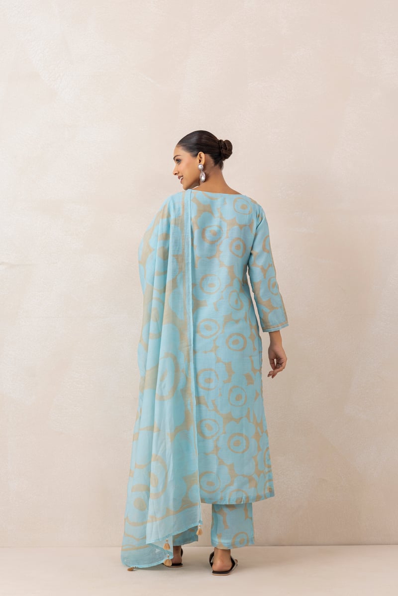 Blue Beige Abstract Printed Chanderi Kurta Set with Dupatta