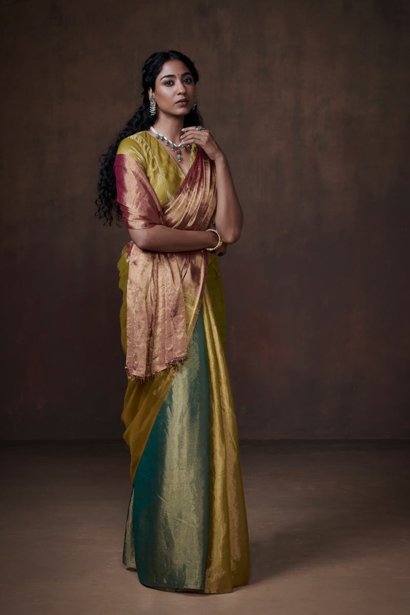 Teal Lime Rust Tissue Saree with Metallic Sheen