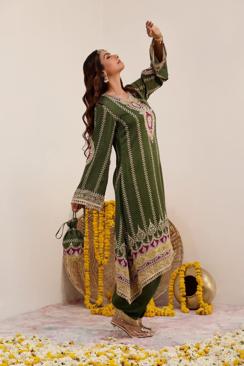 Olive Green Printed A-Line Kurta Set with Dhoti Pants