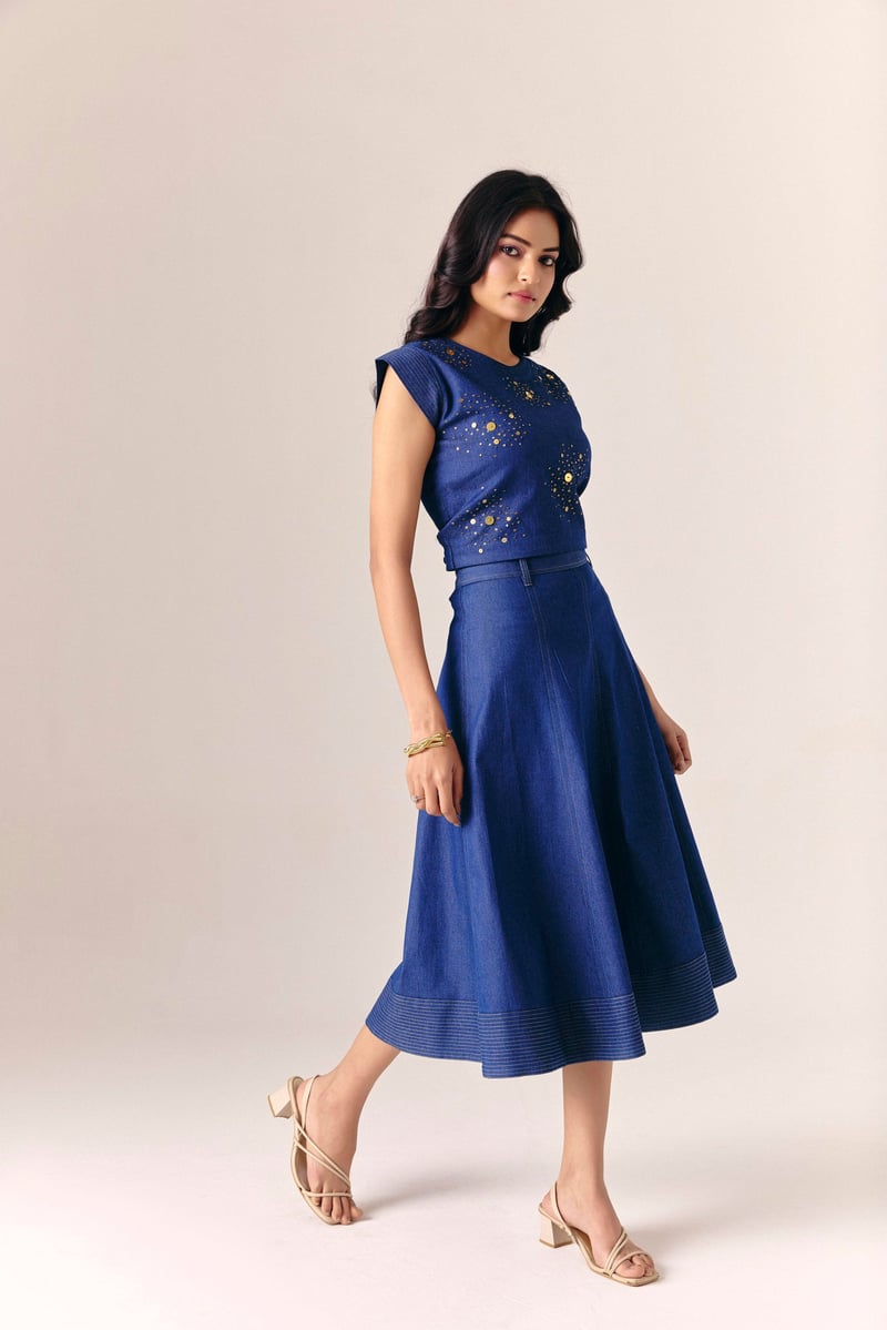 Denim Top and Flared Midi Skirt Co-ord Set