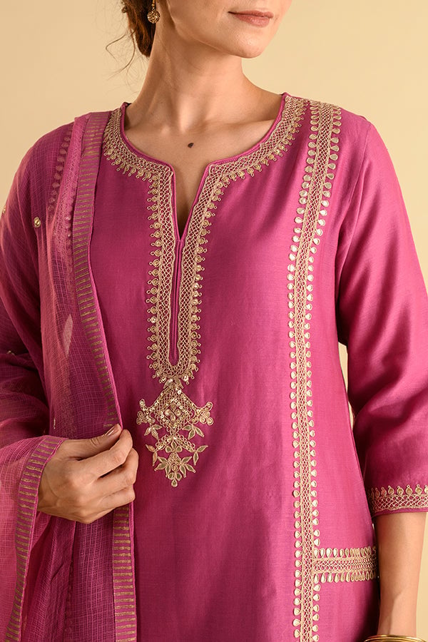 Pink Purple Gota Work Chanderi Straight Suit Set