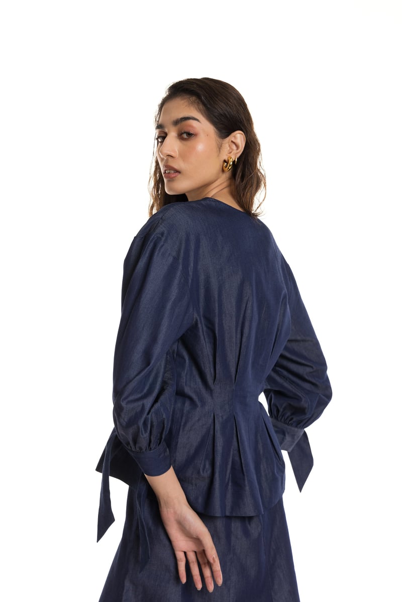 Denim Blue V-Neck Peplum Top with Bishop Sleeves