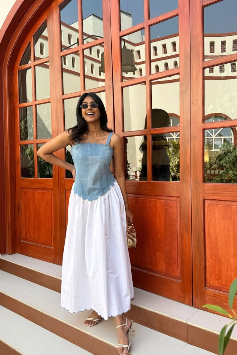 White and Blue Denim Corset Bodice Midi Dress