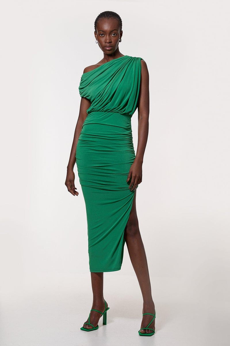Green One-Shoulder Ruched Maxi Dress with High Side Slit