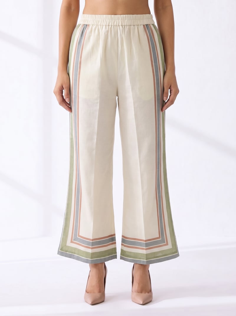 Off-White Linen Wide-Leg Trousers with Border Stripes — Kaveri