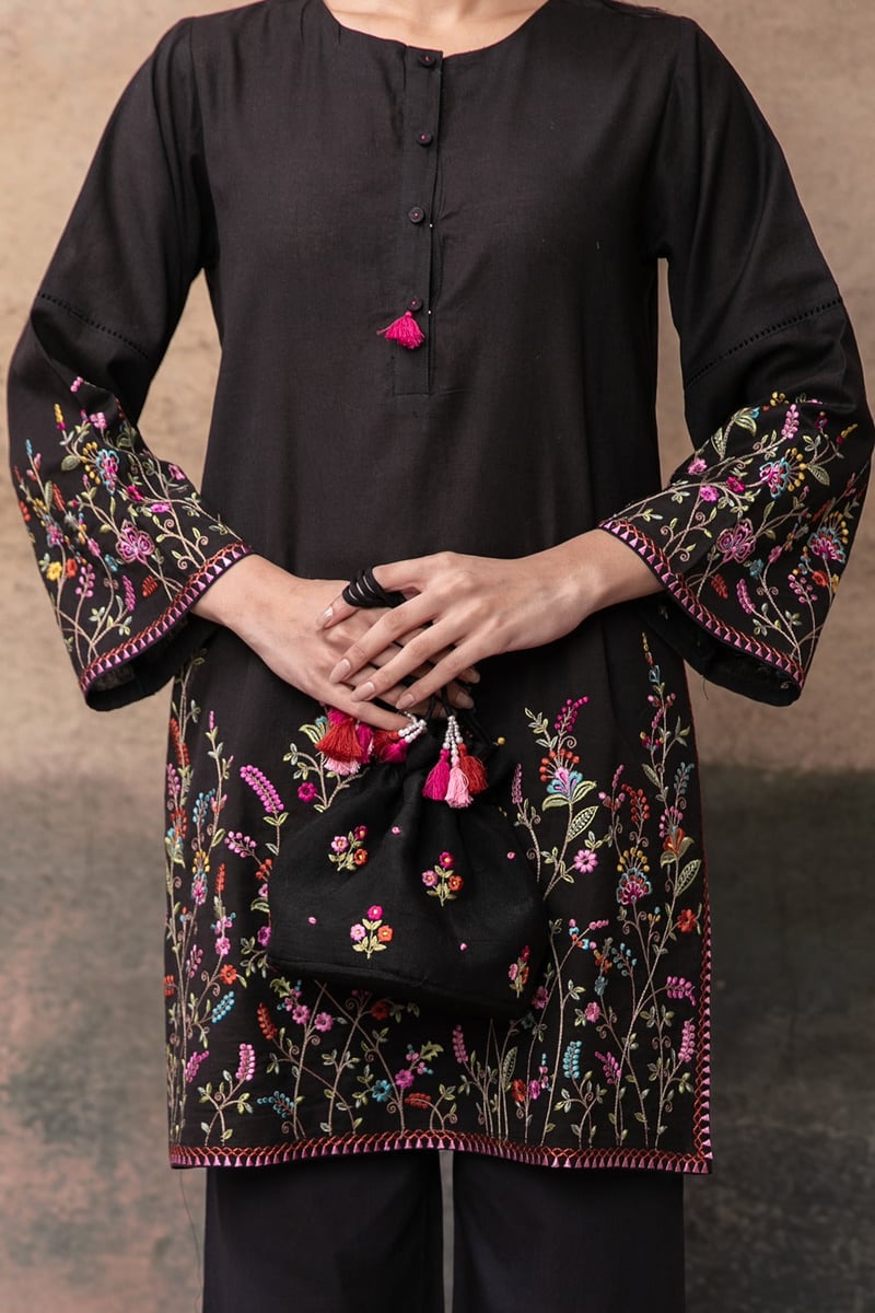 Black Embroidered Tunic and Wide-Leg Pants Co-ord Set