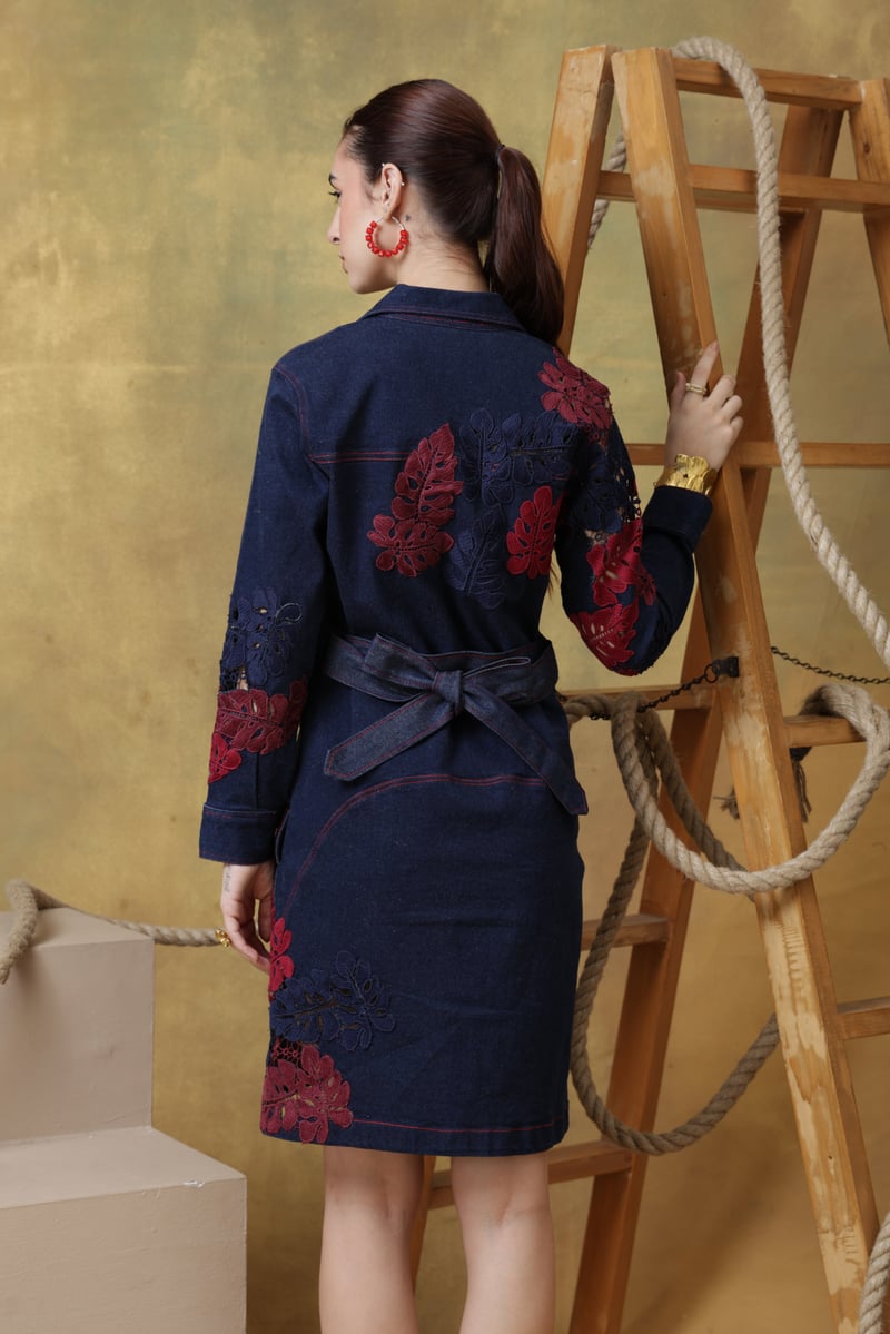 Dark Denim Belted Shirt Dress with Lace Panels