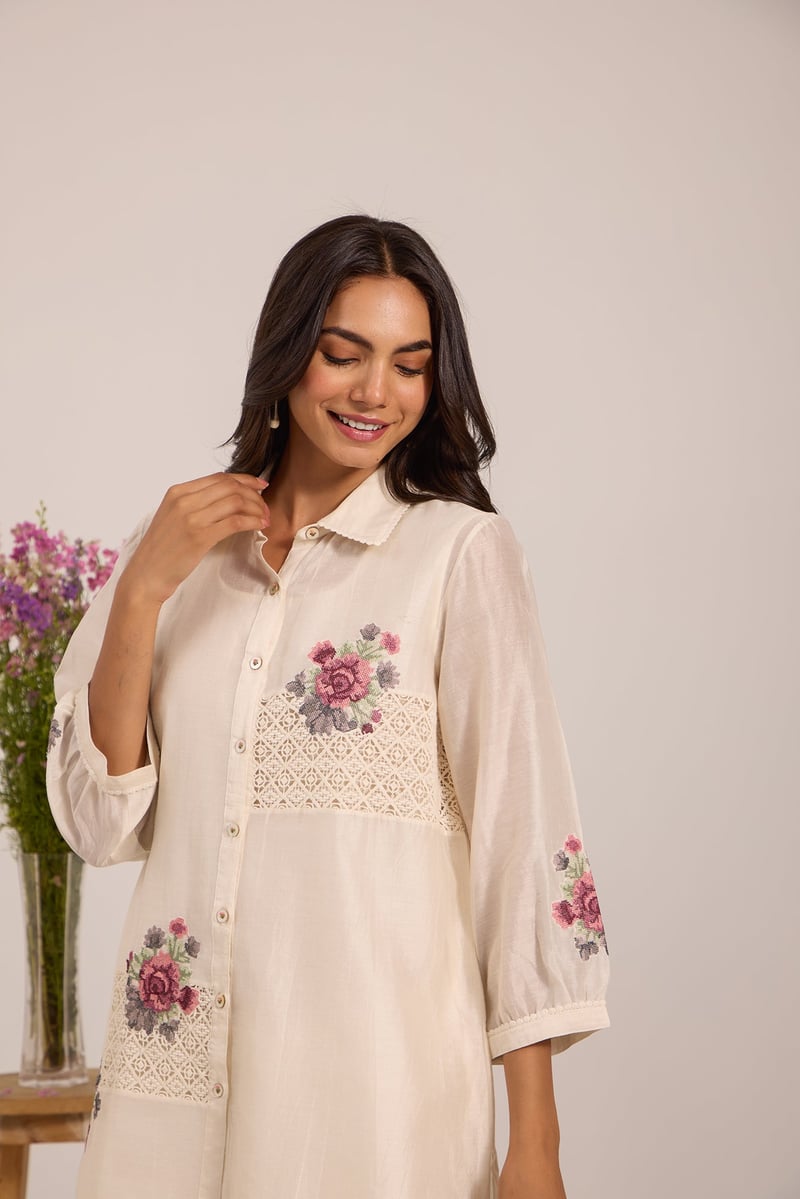 Off-White Sheer Chanderi Lace Panel Button-Down Shirt