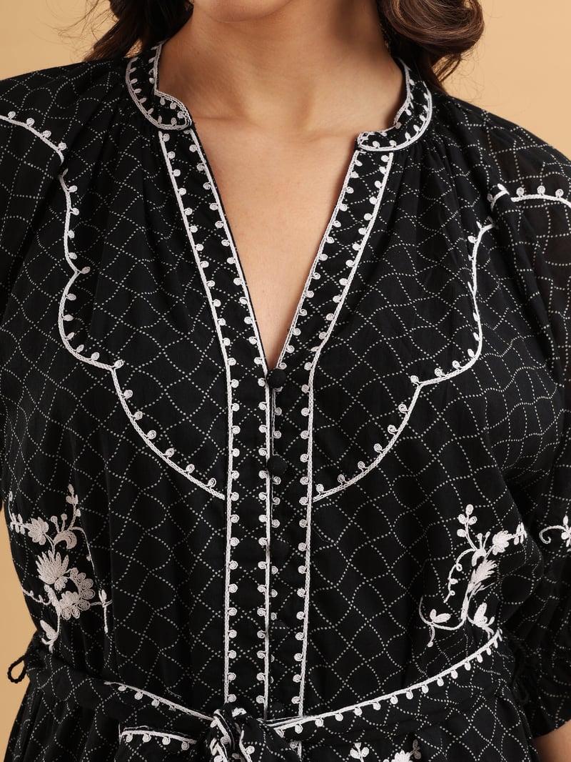 Black Embroidered Tiered Mini Dress with Waist Tie