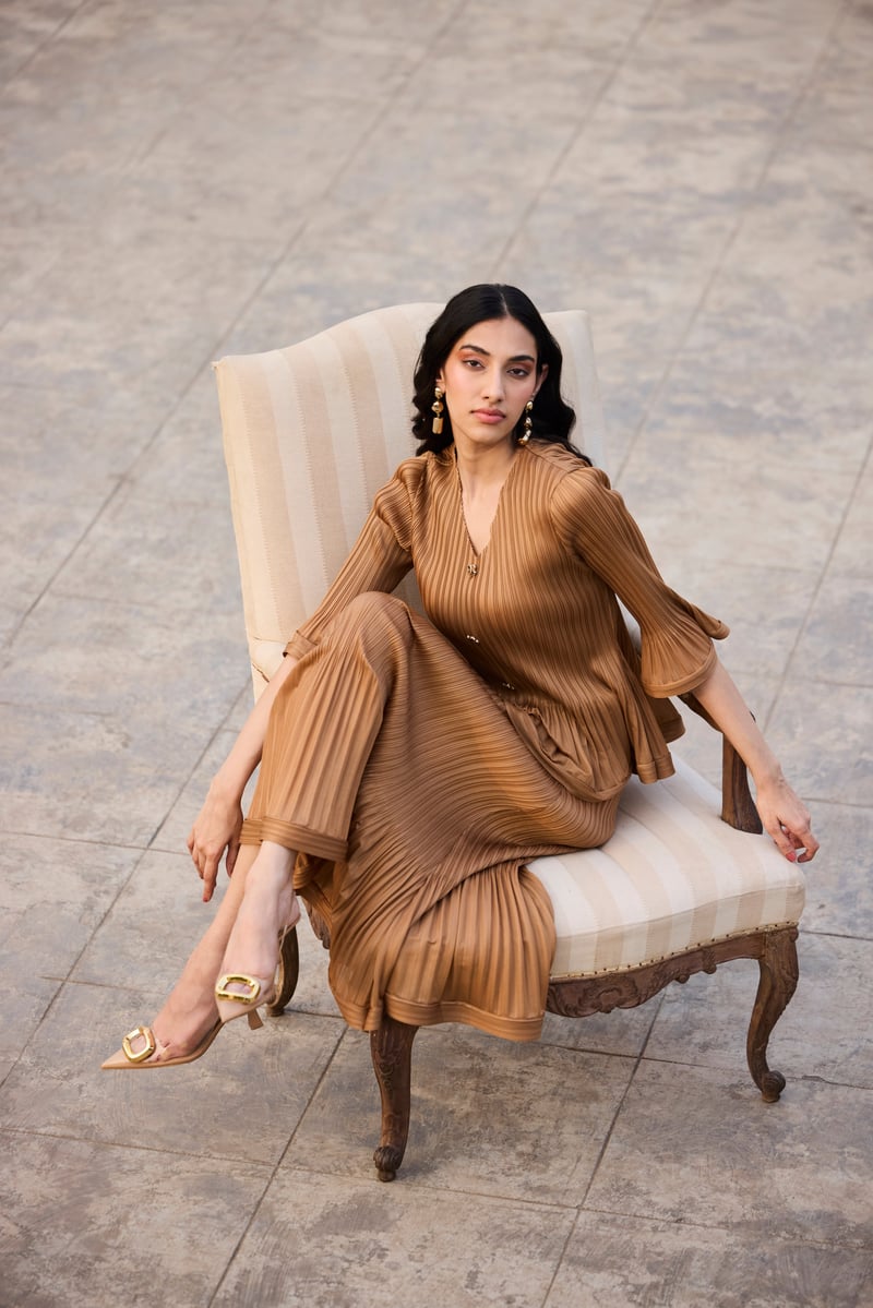 Mocha Pleated Top and Midi Skirt Co-ord Set