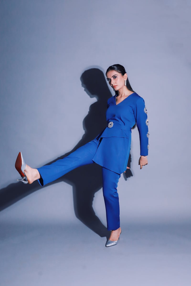 Blue Asymmetrical Top and Straight Pants Co-ord Set