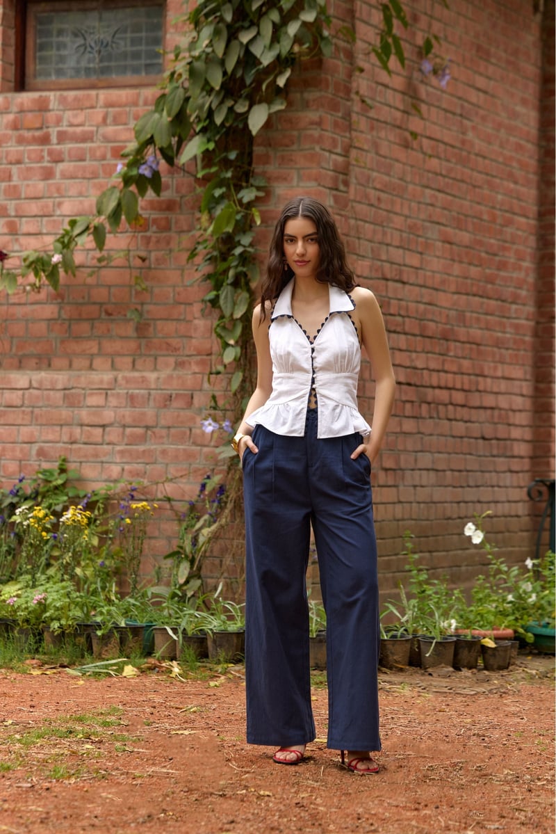 White Collared Peplum Top with Navy Scallop Trim