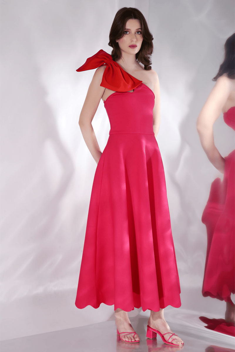 Hot Pink Fit and Flare Midi Dress with Detachable Bow