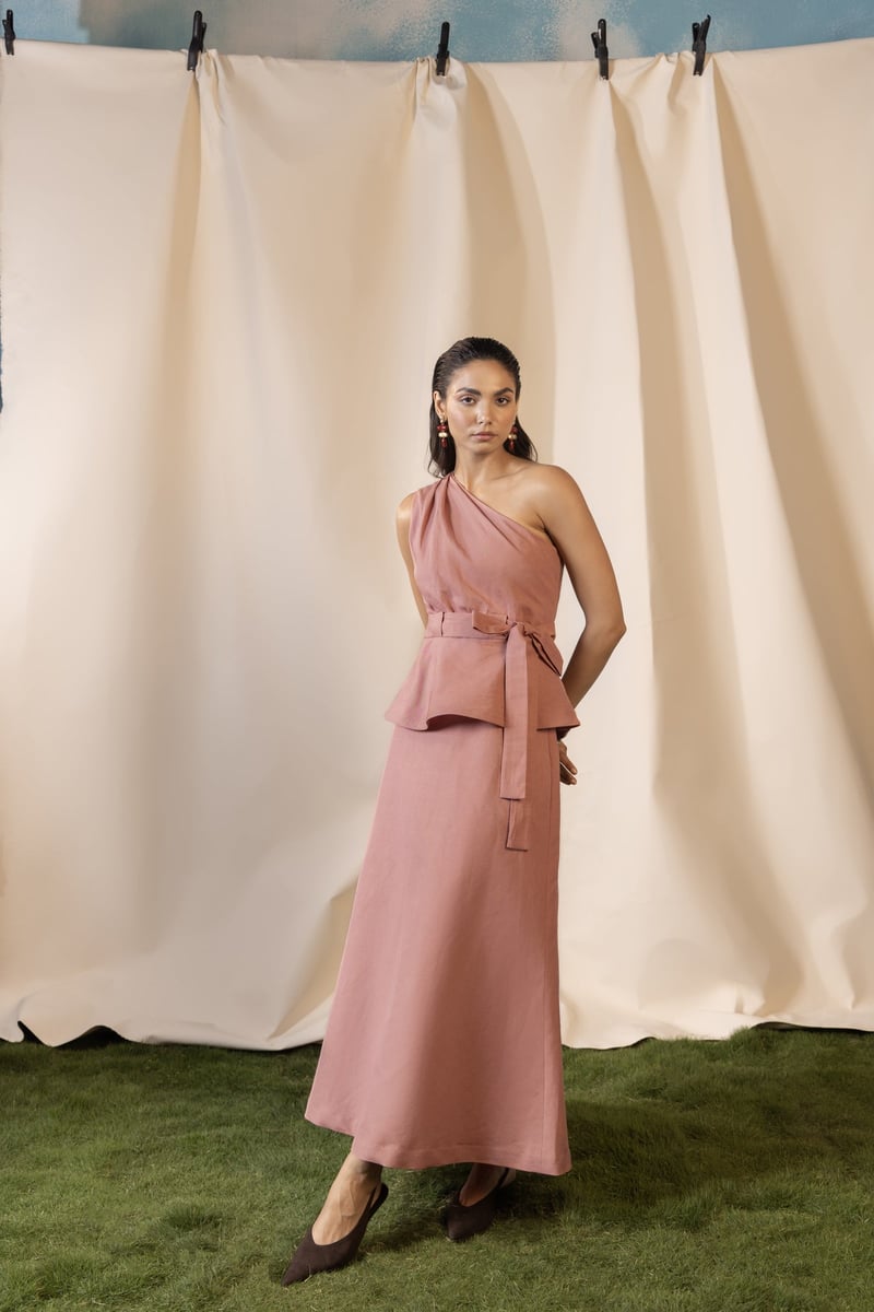 Dusty Rose One-Shoulder Peplum Top and Maxi Skirt Set
