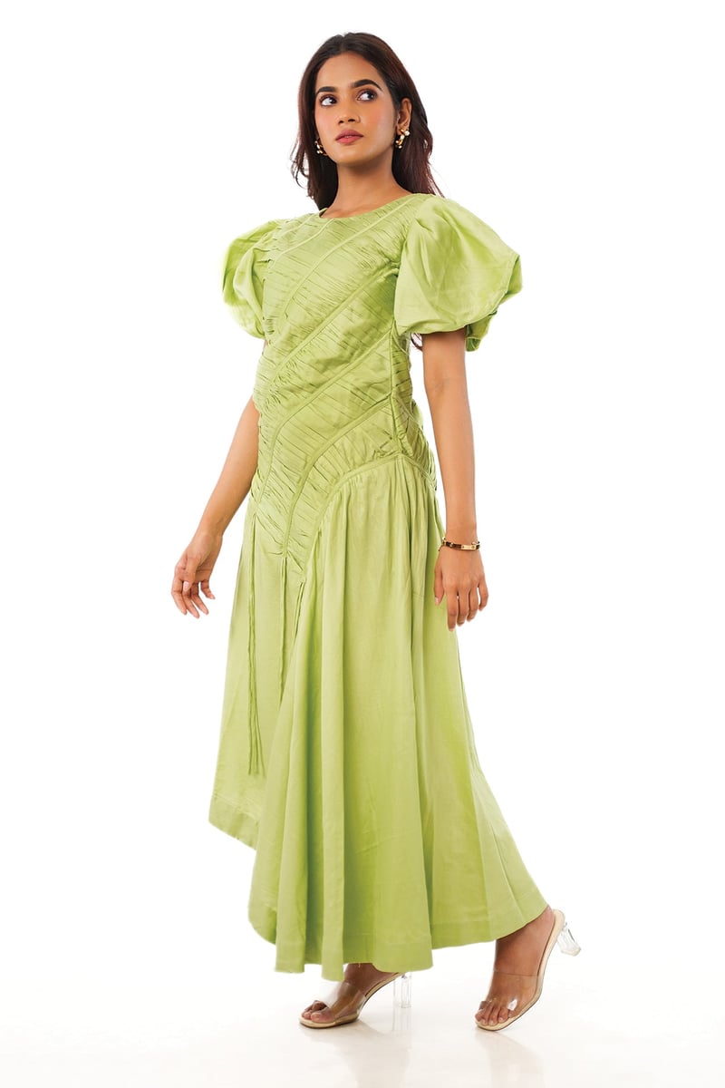 Green Cotton Satin Pleated Bodice Puff Sleeve Midi Dress — 9899
