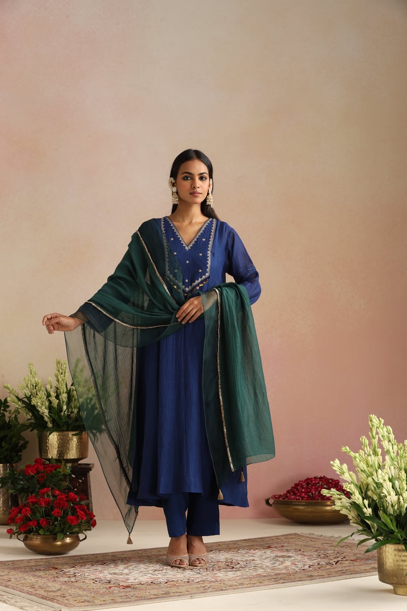 Royal Blue Silk Chanderi Embroidered Kurta Set