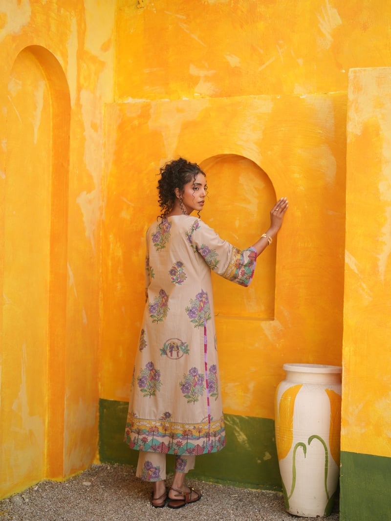 Dusty Lilac Tropical Printed Straight Long Kurta Set