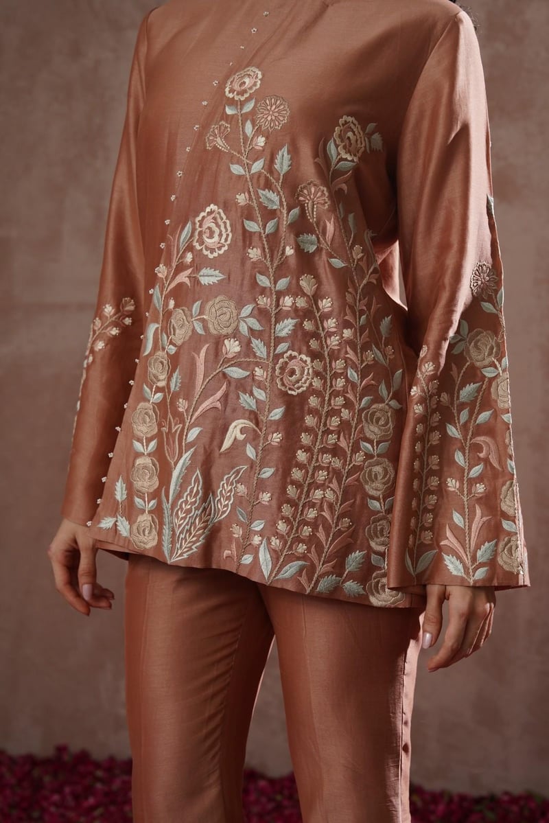 Rose Chanderi Silk Embroidered Co-ord Set with Bell Bottoms