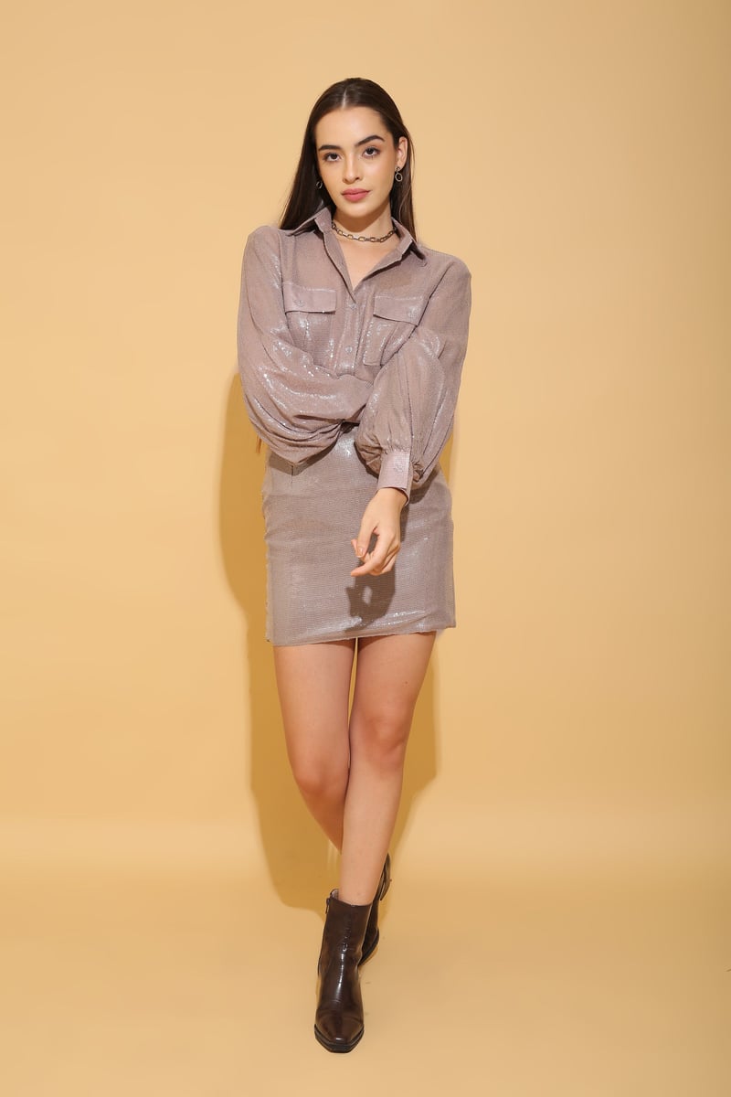 Taupe Grey Sequin Button-Down Shirt with Balloon Sleeves